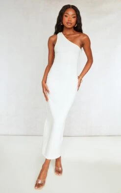 Robe Longue Côtelée Texturée Crème à Bretelles Asymétriques