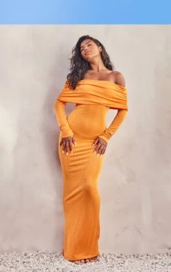 Robe Moulante Longue En Acétate Orange à Manches Longues Et Col Bardot