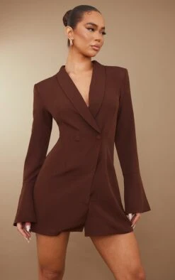 Robe Blazer Chocolat à Double Boutonnière Et Manches Flûtes