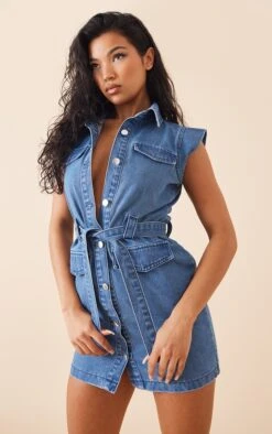 Robe Très Courte Style Utilitaire En Jean Bleu Moyennement Délavé