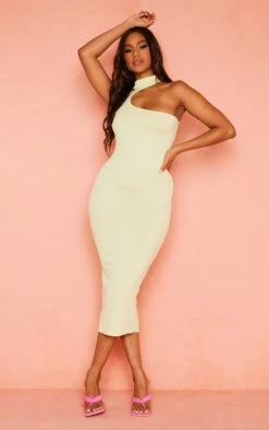 Logic Robe Mi-longue Côtelée Vert Citron Asymétrique à Col Haut