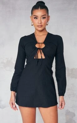 Robe Droite Noire En Stretch Tissé Froncée à Découpes