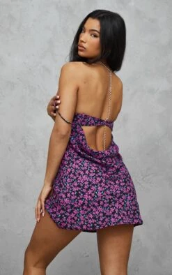 Robe Droite Violette Imprimé Petites Fleurs à Armatures Et Dos Drapé