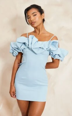 Robe Moulante Bleu Cendré à Col Bardot