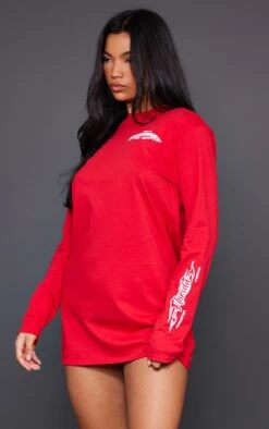 Robe T-shirt Rouge Délavé à Imprimé Motorcross