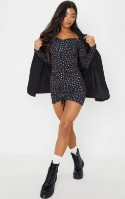 Robe Moulante Noir Profond Imprimé Pois à Manches Longues Et Devant Froncé -Zeze Vetements Magasin b410aefc68c07df4146d372d790ef5af116844f5 CMS1127 3