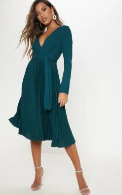 Robe Vert émeraude Mi-longue Plissée à Manches Longues