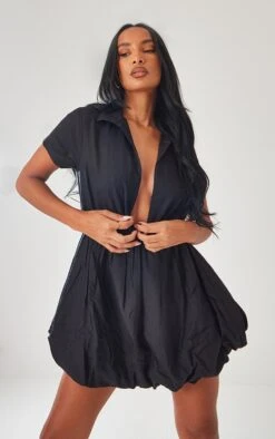 Robe Droite Effet Lin Noire Bouffante à Col V Polo