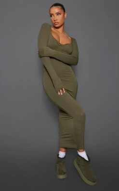 Robe Mi-longue Vert Sauge Kaki En Jersey à Noeud Sous Le Buste