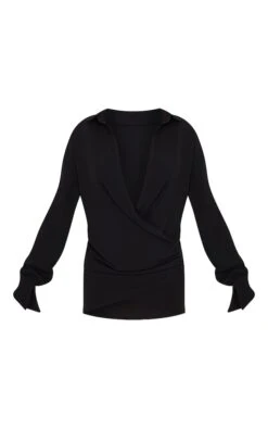 Robe Chemise Tissée Noire Texturée Très Décolletée à Manchettes évasées -Zeze Vetements Magasin baaf706ae1d51f6e607c3a0af698091c36874cce cmq2641 5