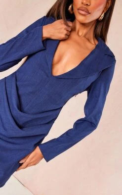 Robe Blazer Effet Lin Drapé Bleu Foncé -Zeze Vetements Magasin babf17767406b61aed27537648c0546aa364f596 cne1539 4