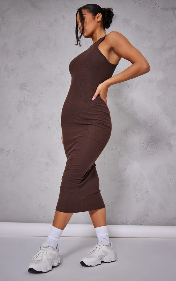 Robe Mi-longue Côtelée Chocolat à Liserés Et Dos Nageur 5 Robe Mi-longue Côtelée Chocolat à Liserés Et Dos Nageur – Image 3