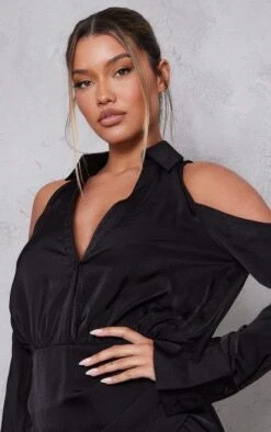 Robe Chemise Cache-coeur Satinée Noire à épaules Dénudées -Zeze Vetements Magasin c34e95d8794b0db50a493be2916d8cf4934ec387 cnd2339 4