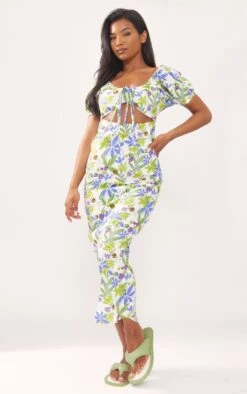 Robe Longue En Coton Bleu à Imprimé Fleuri Et Découpe Devant