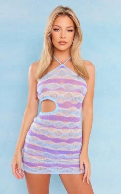 Robe Bleu Ciel En Maille Tricot Ajourée à Vagues Et Découpes