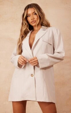 Robe Blazer Effet Lin Gris Pierre à Boutons écaille