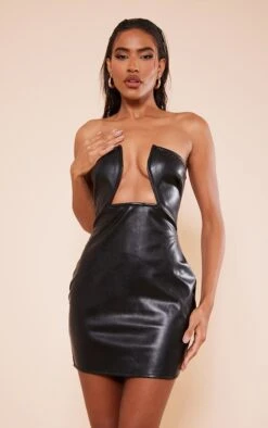 Robe Bustier Moulante En Similicuir Noir à Barre En V Plongeante