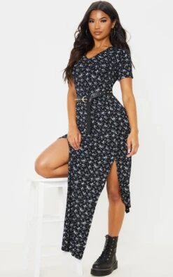 Robe Très Longue Noire Fendue à Imprimé Petites Fleurs -Zeze Vetements Magasin d455c6cd65ab47876762f7ba1fbd8702dcd16b2d cmf6769 4