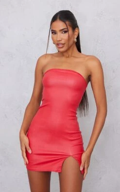 Robe Courte En Jean Enduit Rouge à Ourlet Fendu