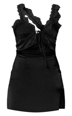 Robe Droite Satinée Noire à Bretelles Asymétriques En Dentelle à Liens Noués -Zeze Vetements Magasin d60001452cfa02fb27bba48e5ecfefcec7044e3d cne1418 5