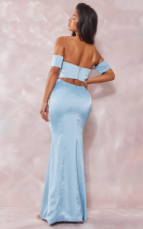 Robe-corset Longue Bleu Cendré à Dos Nu Découpé Et Col Bardot 4 Robe-corset Longue Bleu Cendré à Dos Nu Découpé Et Col Bardot – Image 2