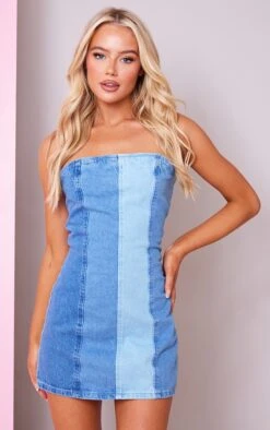 Robe Bustier En Jean Bleu à Parties Contrastantes
