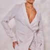 Robe Blazer Portefeuille Texturée Gris Pierre Effet Lin Nouée à La Taille -Zeze Vetements Magasin da5c3331e54fa67baa4203bf678aca250793f300 cne1363 1