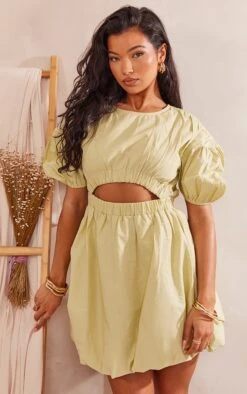 Robe Droite En Coton Et Popeline Vert Sauge à Manches Bouffantes