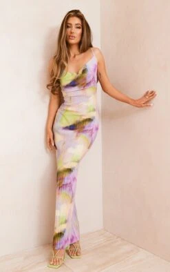 Robe Longue Plissée Multicolore à Imprimé Aquarelle Et Bretelles