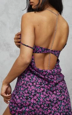 Robe Droite Violette Imprimé Petites Fleurs à Armatures Et Dos Drapé -Zeze Vetements Magasin deecec106ac380b403be962647ebcd33365abdef cnd4302 4