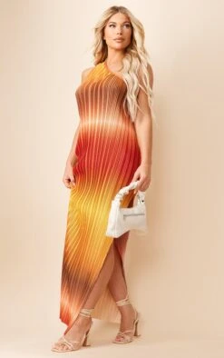 Robe Asymétrique Longue Plissée Marron Imprimé Dégradé à Dos échancré -Zeze Vetements Magasin df452ed514c9a6520cab00f38ddb4a9524eee889 cne2949 3