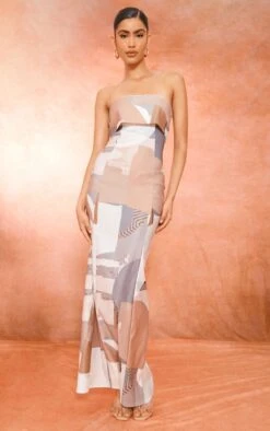 Robe Bustier Longue Taupe Imprimé Abstrait Repliée