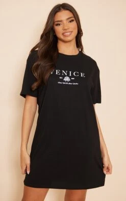 Robe T-shirt Oversize Noire à Slogan Venice
