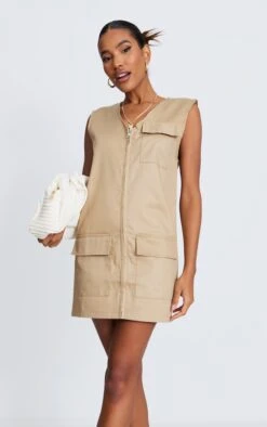Robe Cargo Camel Sans Manches à Détail Poches