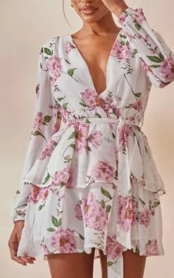 Robe Patineuse Blanche à Imprimé Floral En Mousseline De Soie Avec Décolleté Plongeant