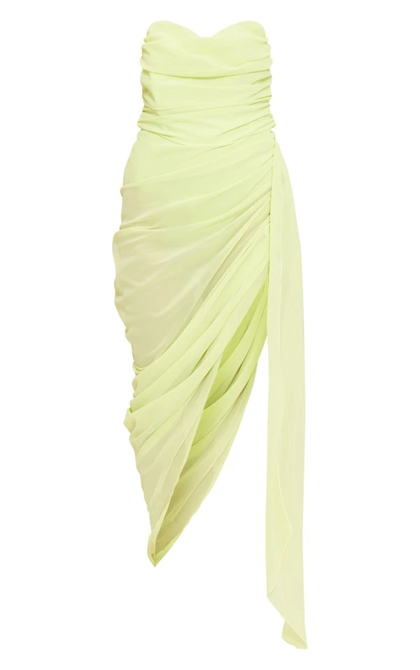 Robe-bustier Longue En Mousseline De Soie Froncée Vert Citron à Jupe Drapée 7 Robe-bustier Longue En Mousseline De Soie Froncée Vert Citron à Jupe Drapée – Image 5