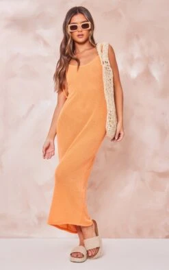 Robe Longue Côtelée Texturée Orange à Bretelles Nouées