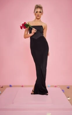 Robe Bustier Moulante Longue En Acétate Noir à Parties Contrastantes