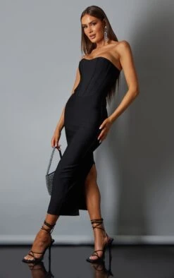 Robe Mi-longue Noire à Détail Corset Bandage