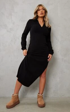 Robe Mi-longue Côtelée Noire Effet Chiné à Col Polo Et Fente