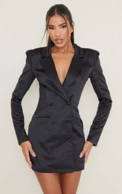 Robe Blazer Ajustée Satinée Noire à Double Boutonnière