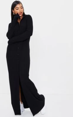 Robe Très Longue Côtelée Douce Noir Profond à Boutons Et Col