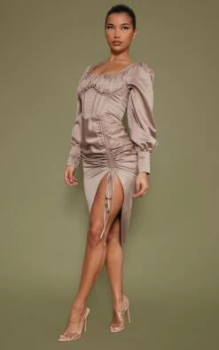 Robe Mi-longue Satinée Taupe à Manches Ballon Froncées