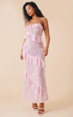 Robe Longue En Mousseline De Soie Rose Fleurie Et Volants