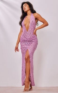 Robe Longue Drapée Lilas En Sequins à Décolleté Et Dos Nu
