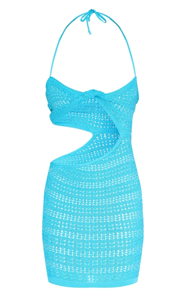 Robe En Maille Crochet Bleu Vif Torsadée Devant à Découpes 7 Robe En Maille Crochet Bleu Vif Torsadée Devant à Découpes – Image 5