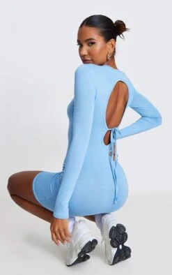 Robe Moulante En Jersey Bleu Clair à Dos Nu Noué Et Manches Longues