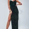 Robe Longue Bustier En Velours Vert émeraude à Sequins
