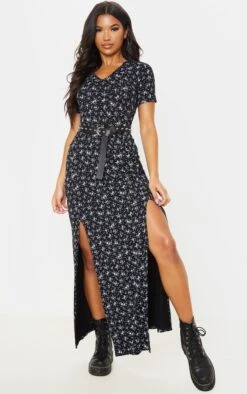 Robe Très Longue Noire Fendue à Imprimé Petites Fleurs