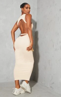 Robe Longue Gris Pierre Côtelée à Dos Ouvert Et Lien Taille